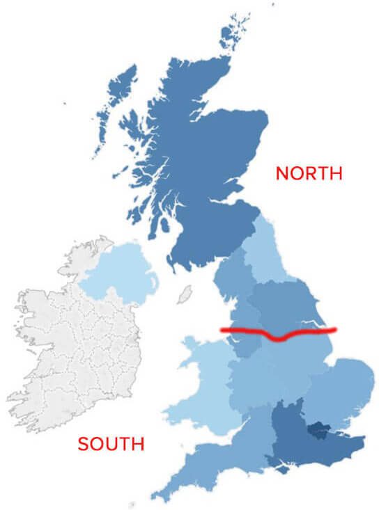 Map of Great Britain showing the North-South divide used in this article